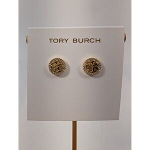 Tory Burch Miller Pave Stud Earrings Gold Tone Crystal T-Logo Round - New
